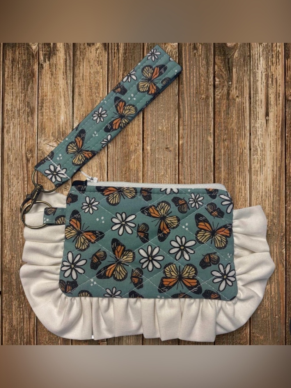 Hand Crafted Teal Butterfly & White Ruffle Wristlet Key Card Holder